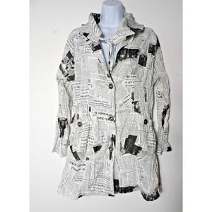 Ki Meng Top Cardigan Blouse Jacket Medium Newspaper Print Lagenlook Art to Wear